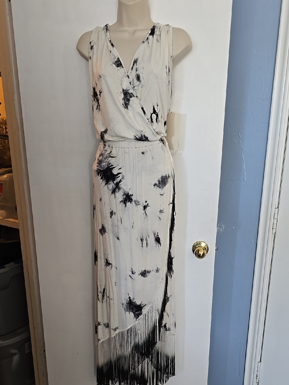 Boston Proper White and Black Tie-Dye Fringe Maxi Size M NWT